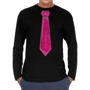 Bellatio Decorations Verkleed shirt heren - stropdas glitter roze - zwart - carnaval - longsleeve XXL