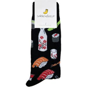 Sokkenfeest Sushi Sokken - One Size Fits All - Zwarte Sokken Met Patroon Van Sushi - Cadeau Tip Voor Liefhebbers Van Japanse Cuisine - Unisex