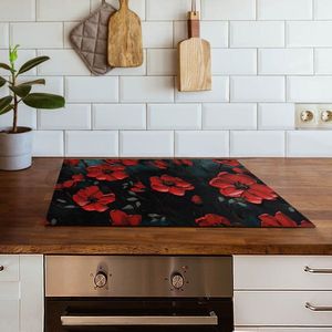 Inductiebeschermer rood geschilderde bloemen | 70 x 52 cm | Keukendecoratie | Bescherm mat | Inductie afdekplaat
