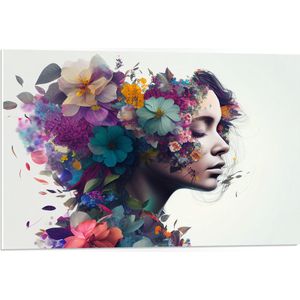 PVC Schuimplaat- Vrouw met Kapsel van Kleurrijke Bloemen tegen Witte Achtergrond - 75x50 cm Foto op PVC Schuimplaat