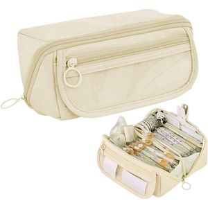 Schooletui, pennenetui met grote capaciteit met 9 vakken, multifunctioneel etui met grote opening, duurzaam en waterdicht, geschikt voor kinderen, vrouwen, mannen, jongeren (beige), Beige