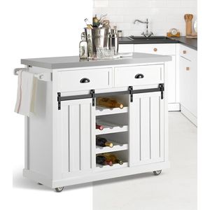 Keukeneiland - Verplaatsbaar - Keukenkast - Dressoir - Kookeiland - Organizer - Uitschuifbaar - RVS Werkblad - 2 Schuifdeuren - Wit