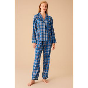 Dames Pyjama Set- Nachtkleding Met Geruit Patroon- Katoen Lange Mouw Lange Broek Blauw Maat S