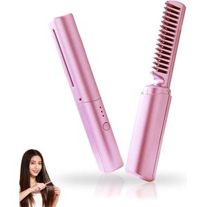 Nieuwste haarkam, draadloze stijl- en krultang, 2-in-1 snel verwarmende haarstylingtool, draagbare stylingtool voor alle haartypes (roze)