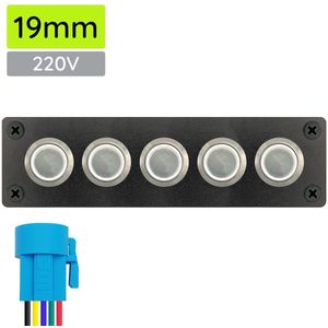 ProRide Metalen Pulsschakelaar 220V OFF-(ON) - Vijfvoudig inbouwpaneel - 19mm - IP67 - LED indicatie Wit