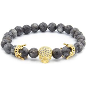 Victorious Natuurstenen Kralen Armband Heren – Gouden Schedel – Zwart/Grijs – 18cm
