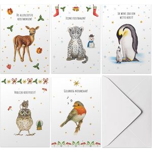 Set van 50 stuks vrolijke kerstkaarten met enveloppen - Nederlandse tekst- 5 winterdieren handgeschilderd - dubbele kaart met vouw op mooi ECO papier - A6 formaat