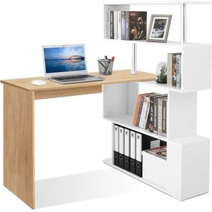 TheLau ® Stijlvolle L-vormige Computertafel met Draaibare Boekenkast voor Kantoor en Woonruimte