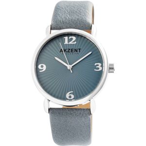 Akzent-Dames horloge-Analoog-Rond-38MM-Zilverkleurig-blauw/grijze lederen band.
