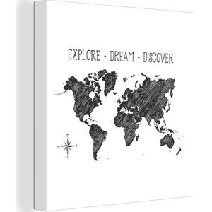Canvas Wereldkaart - 20x20 - Wanddecoratie Wereldkaart - Kompas - Quote