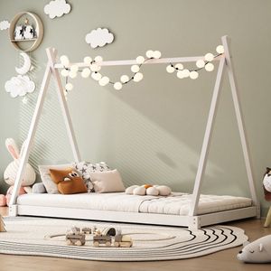 Gutent Kinderbed, Wit (Zonder matras) 90x200 cm Massief Houten bed, Eenpersoonsbed, plat bed, tentmodel bed, huisstijl, voor tieners