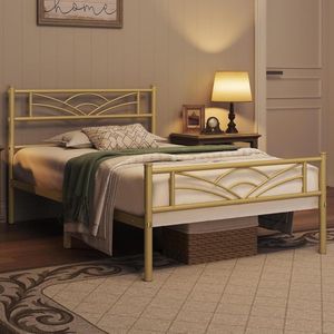 Bedframe 90 x 200 cm antiek goud metalen logeerbed, bedframe van metaal met lattenbodem, voor slaapkamer en logeerkamer