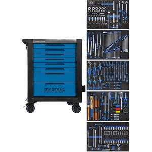 SW-Stahl Z3110 professionele werkplaatswagen TT801 blauw I 8 laden I 5 laden gevuld I 341 delig I werkplaatswagen voorzien van gereedschap I twin-lock I werkplaatswagen kit I volledig uitgerust