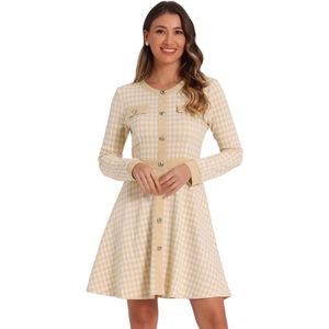 Elegante A-lijn jurk met pied-de-poule patroon en contrasterende kleur, ronde hals, abrikoos, maat M