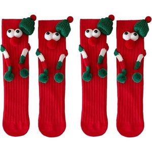 2 paar kerstsokken met handjes vasthouden voor kinderen - Kids' Crazy Socks - Christmas Holding Hands Mid-Calf sokken - Winterwarme sokken - Rood