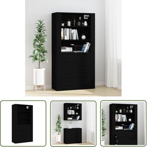 The Living Store Hoge kast bewerkt hout zwart - Hoge Kast - Buffetkast - Wandmontage - Houten Kast - Zwarte Kast