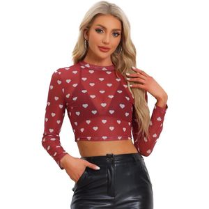 E-Ambar - Transparante crop top blouse met lange mouwen en hartpatroon - Damesmode - Trendy - Zwart