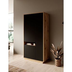 Meubella - Vitrinekast Acuna - Mat zwart - Eiken - 92 cm