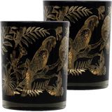 Set van 2x stuks theelichthouder/waxinelichthouder glas zwart 10 cm papegaai print - Windlichtjes/kaarsenhouders