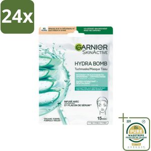 Garnier - SkinActive - Hydrabomb Tissue Masker - Hyaluronzuur & Aloe Vera - Super Hydraterend - 1 Gezichtsmasker - Voordeelverpakking - 24 stuks - Aloë vera - Gezichtsmasker