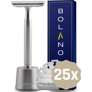 Bolano® Safety Razor Zilver + Houder + 25 RVS Scheermesjes Double Edge - Klassiek Scheermes voor Mannen en Vrouwen - Duurzaam Scheren - Zero Waste - RVS Messing - Dichte zijkant