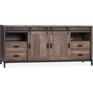 Staphorst Dressoir Groot - Dressoir Industrieel - 220 x 45 x 95cm - 2 deuren, 4 lades, 2 open vakken - Woonkamer kast - Espresso houtlook