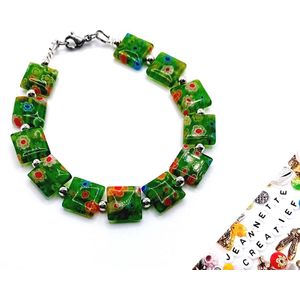 Jeannette-Creatief® - Italy - Groene Millefiori - Armband - Groene armband - Armband Dames - Millefiori kralen - Duizend bloemen kralen - Armband Millefiori - Vierkante platte kralen - Zilverkleurige kraaltjes