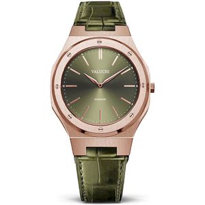 Valuchi Mannen Signature Italiaans Leer Roestvrijstaal Japanse Quartz Horloge - Leer Roségoud Groen