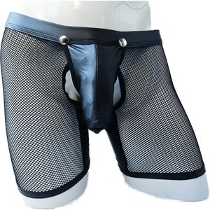 BamBella® L/XL open kruis Boxer short kant voor mannen - doorzichtig BDSM Erotische Sexy Lingerie lang Heren - Zwart mannen ondergoed slip