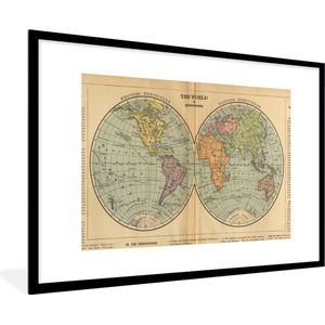 Fotolijst incl. Poster - Antieke wereldkaart westelijk en oostelijk halfrond - 90x60 cm - Posterlijst