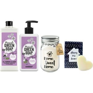 Green Soap Cadeauset Nieuw Huis - Green Soap Allesreiniger 750ml Lavendel & Rosemarijn - Green Soap Handzeep 250 ml Lavendel - Paper Dreams Kaars Black & White Home sweet home