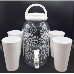 3.8 Litre Beverage Dispenser Set with Tap and 4 Water Glasses - BPA Free - Self-Service White