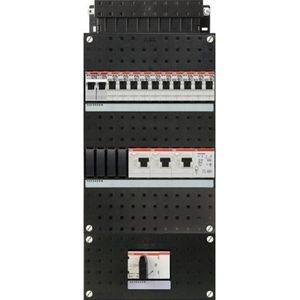 ABB groepenkast 3-fase, 10 groepen, 3 Aardlekschakelaars 2-P, 1 fornuisgroep 2x230V, 1 beltrafo, 1 hoofdschakelaar 4-P 40A
