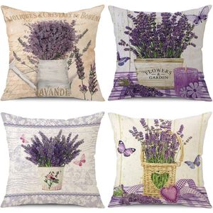 Kussenslopen 45 x 45 cm, set van 4 decoratieve kussenhoezen, paars lavendel, landelijke stijl voor slaapkamer, bank, stoel, bed, tuin.
