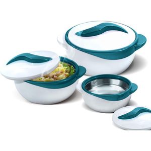 Serveerschaal voor salade/soepborden – thermokom met deksel – leuke kom voor vakantie, diner en feest, 3 stuks (turquoise)