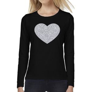 Hart van zilver glitter t-shirt long sleeve zwart voor dames- zwart shirt met lange mouwen en zilveren hart voor dames XS