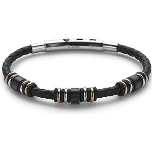 Twice As Nice Armband in zwart leder, ringetjes in edelstaal Zwart Adjustable