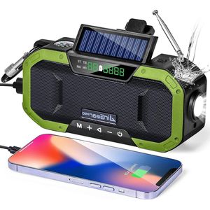 Draagbare Kruk Radio met Handkruk Lader Zonnepaneel Noodlicht & Bluetooth Speaker - FM/AM Radio 5000 mAh Externe Batterij USB Oplader IPX5 Waterdicht