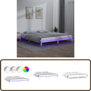 vidaXL Bedframe - LED - Massief hout - Wit - 140x190 cm Houten Bedframe - Led Verlichting - Massief Grenenhout - Enkelpersoonlig Bed - Witte Bedframe