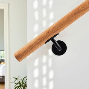 Trapleuning Eiken Hout – Rond (38 mm) – Lengte: 100 cm – Inclusief 2 zwarte leuninghouders