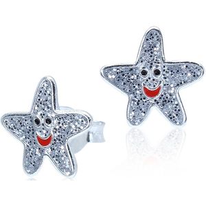 Joy|S - Zilveren glitter ster oorbellen - zeester grijs - 9 mm