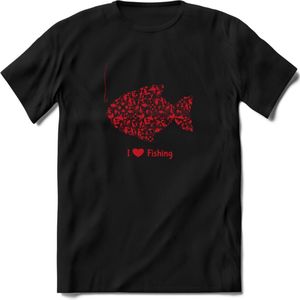 I Love Fishing - Vissen T-Shirt | Rood | Grappig Verjaardag Vis Hobby Cadeau Shirt | Dames - Heren - Unisex | Tshirt Hengelsport Kleding Kado - Zwart - 3XL
