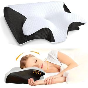 SOMNURA® Hoofdkussen tegen o.a Nekklachten Rugklachten - Orthopedisch & Ergonomisch - Memory Foam - Traagschuim - Slaap - Kussen - Slapen - Anti Snurk - Zijslaper - Wit met Zwart.