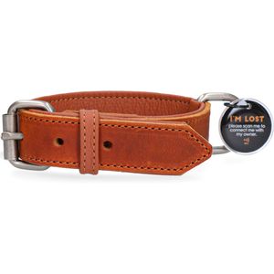 Spotted! PRO Leren Halsband – Honden halsband met QR-penning – Halsband met magneetsluiting – Waterproof – Maat XXL – 65 cm – Cognac/Licht bruin