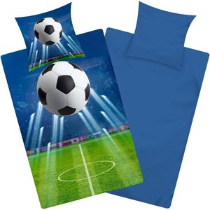 Voetbalbeddengoed 135 x 200 jongens - voetbal fan motief katoen - met ritssluiting - omkeerbare tiener kinderbeddengoedset in blauw groen