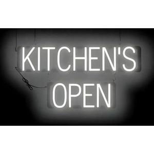 KITCHEN'S OPEN - Lichtreclame Neon LED bord verlicht | SpellBrite | 76 x 38 cm | 6 Dimstanden - 8 Lichtanimaties | Reclamebord neon verlichting