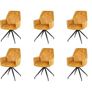 Nuvolix velvet eetkamerstoelen met armleuning set van 6 ""Madrid"" - stoel met armleuningen - eetkamerstoel - velvet stoel - cognac
