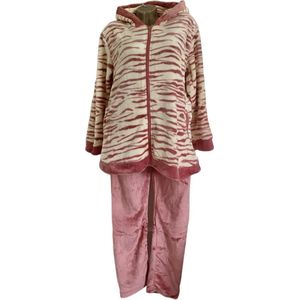 Dames fleece huispak/pyjama met zakken rits en capuchon L/XL 38-40 roze wit