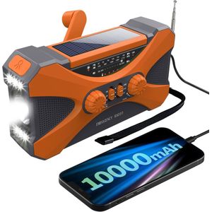 Draagbare noodradio - 10000mAh Zonnesolar handkraan, AM/FM/WB/NOAA Weerradio, meerdere oplaadbronnen, LED zaklamp, leeslamp, telefoonlader, SOS-alarm, koptelefoonjack (Oranje)