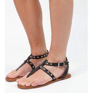 Manfield - Dames - Zwarte leren sandalen met studs - Maat 40